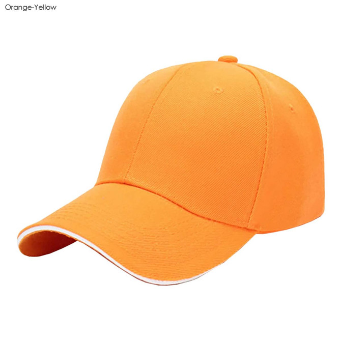 An orange-yellow heavy acrylic sandwich cap with a curved brim and contrasting trim, featuring a logo.