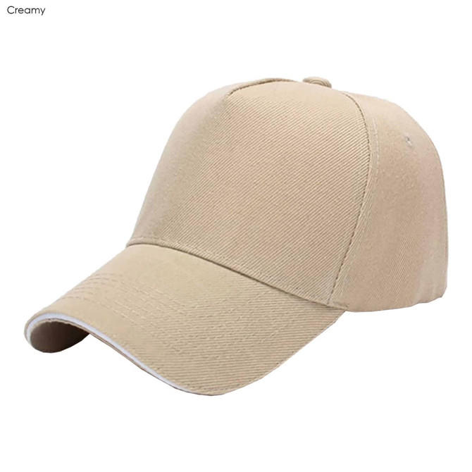A creamy beige cap with a structured design and a curved brim, featuring a logo on the front.
