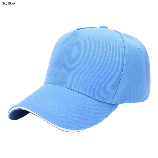 A sky blue heavy acrylic sandwich cap with a curved brim and a logo on the front.