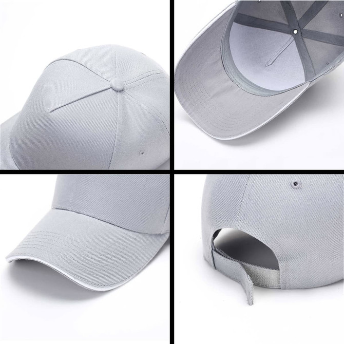A light grey heavy acrylic sandwich cap featuring a curved brim and an adjustable strap at the back. It has a logo.