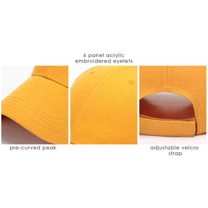 A yellow heavy acrylic cap featuring a pre-curved peak, embroidered eyelets, and an adjustable Velcro strap.