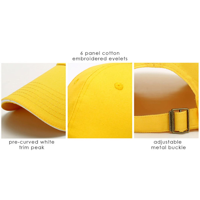 A yellow six-panel cotton cap featuring embroidered eyelets, a pre-curved peak, and an adjustable metal buckle.