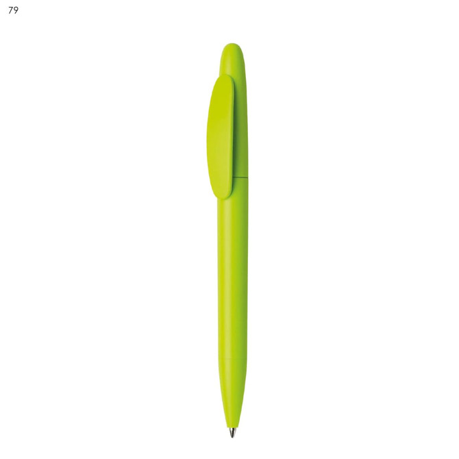 A bright green plastic pen with a clip and a smooth barrel. It features branding on the surface.