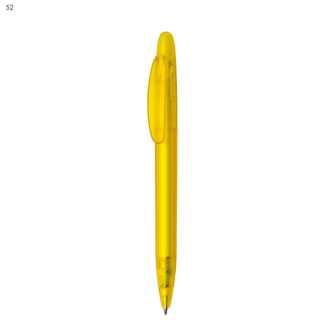A yellow plastic pen with a transparent body and a clip, featuring a logo on the barrel.