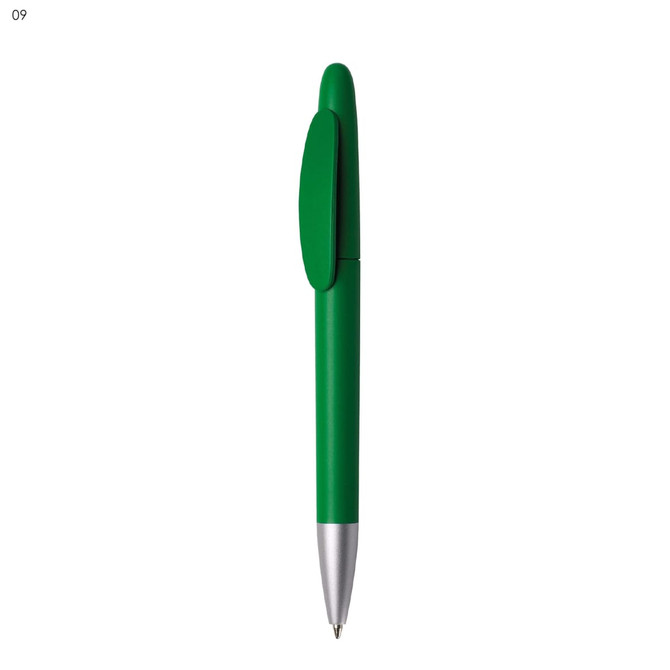 A green plastic pen with a silver tip and a matching clip, featuring a logo.