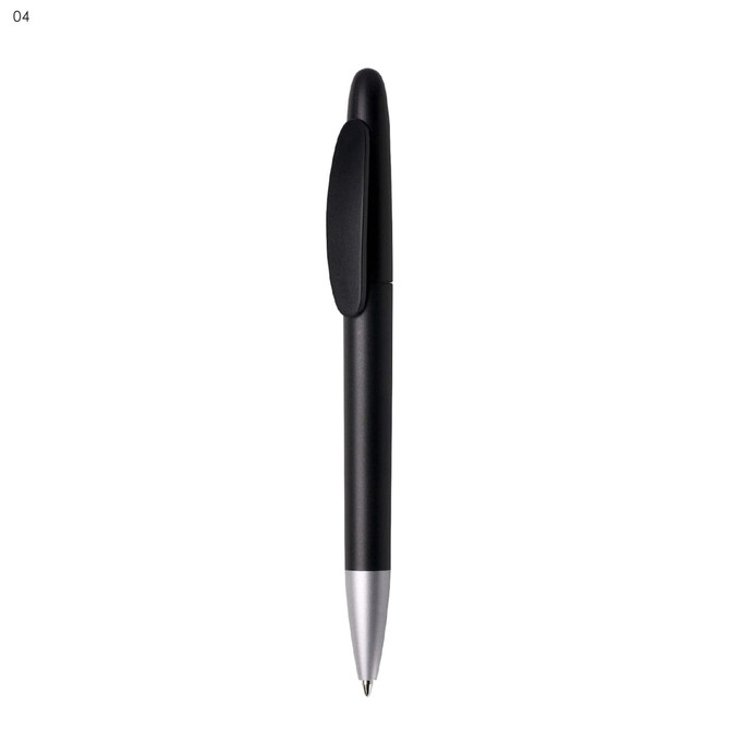A black plastic pen with a silver tip and a clip. Features a logo on its body.