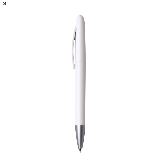 A white plastic pen with a silver tip and a clip, featuring a logo.