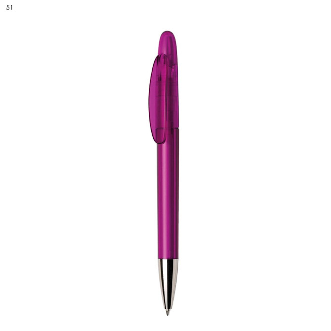 A plastic pen in vibrant purple with a silver tip and a clip for attachment. The pen features a logo.