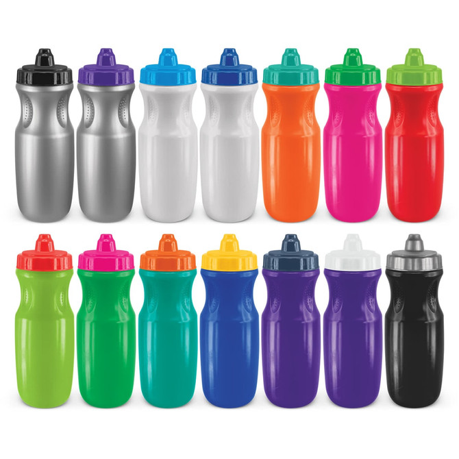 A drink bottle collection in various colours, including silver, white, orange, pink, green, and purple, with different coloured caps.