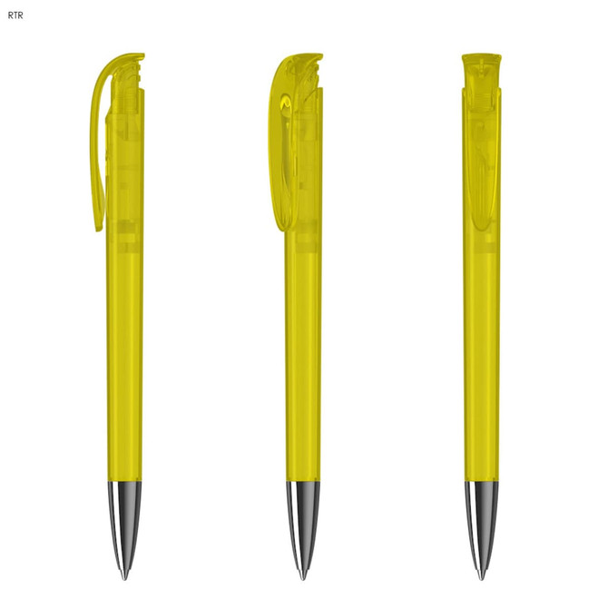 A set of three transparent yellow plastic pens with silver accents and clip detailing.