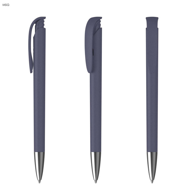 A set of three grey plastic pens with soft grips and metal tips, featuring a logo on each pen.