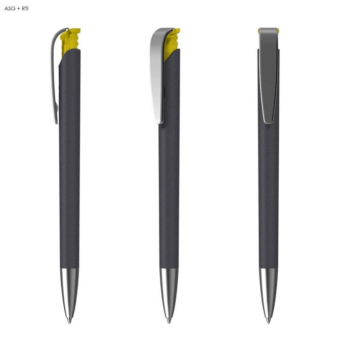 A black and yellow pen with a soft grip and a clip feature, showcasing different angles and a sleek design.