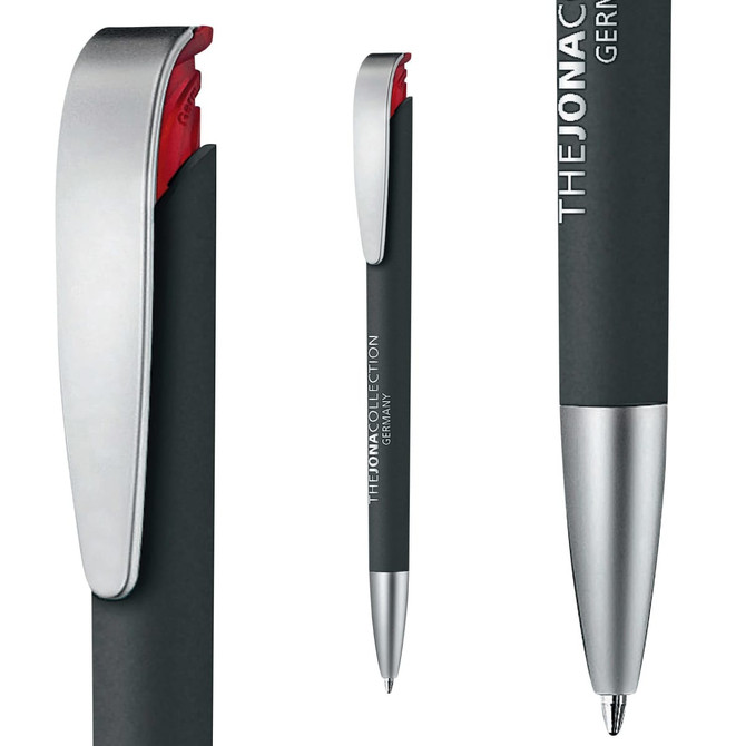 A black and silver plastic pen with a soft grip and a silver clip, featuring a branding logo.