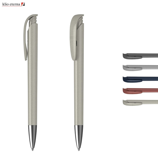 A metallic plastic pen in a muted grey colour, featuring a clip and a shiny silver tip, alongside various coloured caps.