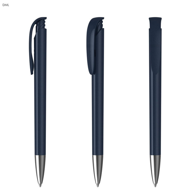 A set of three navy blue plastic pens with silver accents, featuring clips and retractable tips.