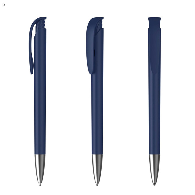 A set of blue plastic pens with silver accents and clips, featuring different angles and positions.