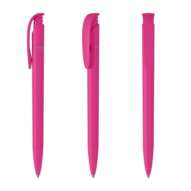 A set of three pink plastic pens displaying different angles and a branding logo on the side.