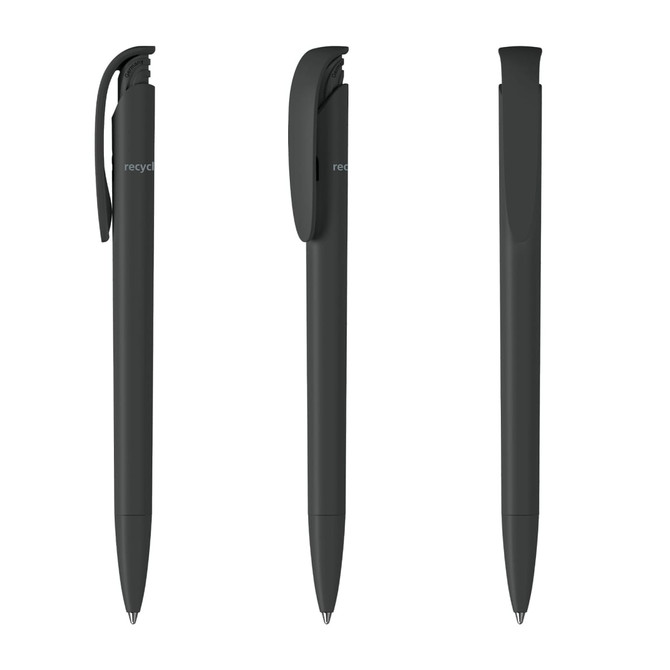 Three sleek black plastic pens displayed from different angles, featuring a clip and a smooth finish. Each pen has a branding logo.