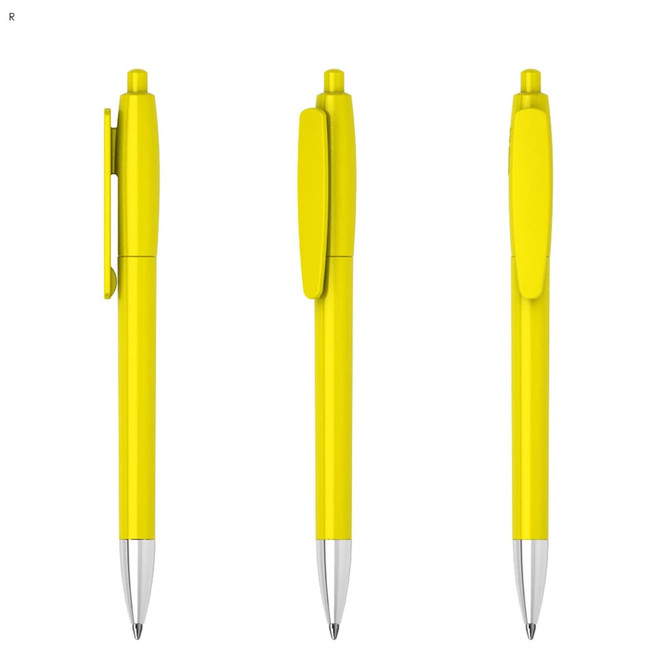A yellow plastic pen featuring a silver tip and clip, shown from three different angles.