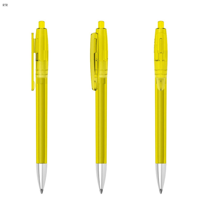 A set of three transparent yellow plastic pens with a click mechanism and silver tips, featuring a branding logo.