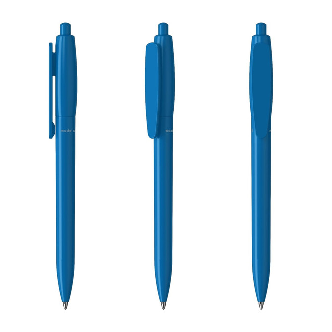 A blue plastic pen with a clip, featuring a smooth barrel design and a retractable tip.