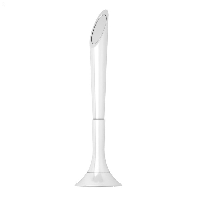 A sleek white pen with a smooth design and a circular grip at the top, featuring a branding logo.