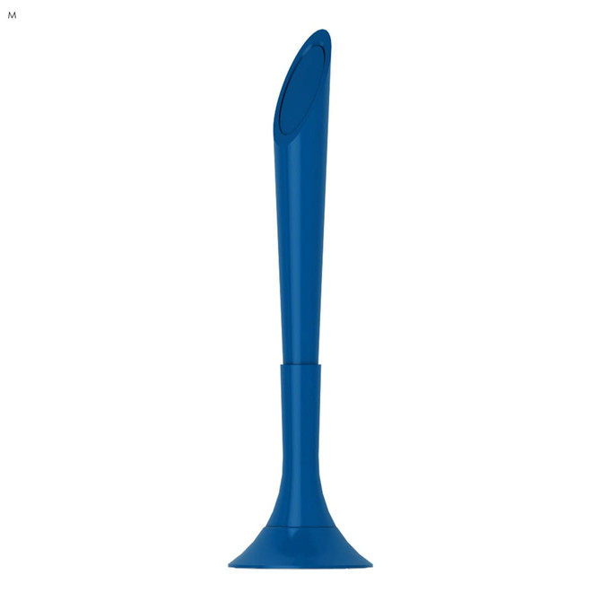 A blue plastic pen with a tapered design and a wide base, featuring a logo on its side.
