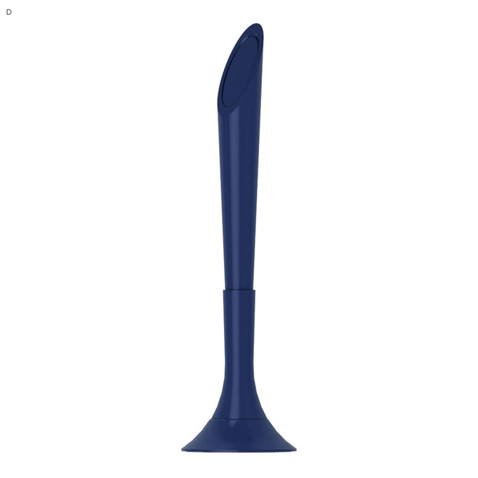 A plastic pen in navy blue, featuring a tapered design and a base for stability. The pen has a branding logo.