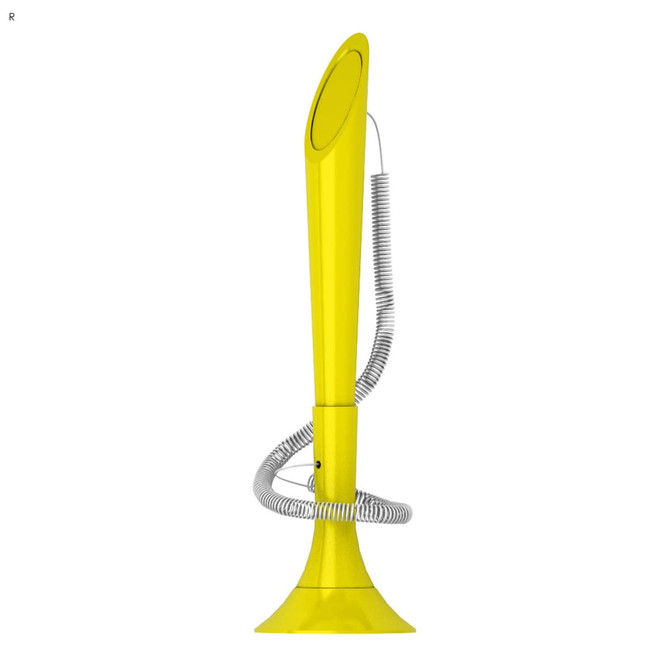 A bright yellow pen with a unique trumpet shape and a coiled silver wire. It features a logo on its surface.