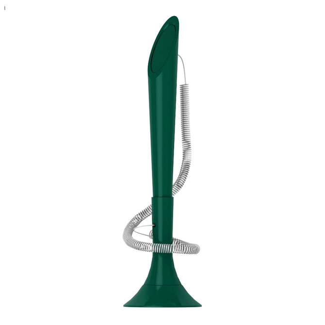 A green writing pen with a sleek design and a coiled silver grip, featuring a logo.