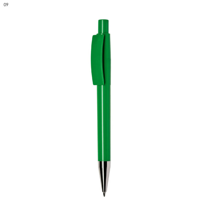 A green plastic pen with a clip and chrome trim at the tip, featuring a simple design.