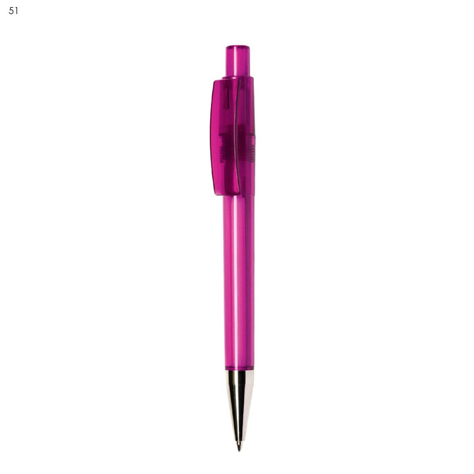 A plastic pen in vibrant pink with a transparent barrel and a silver tip, featuring a logo.