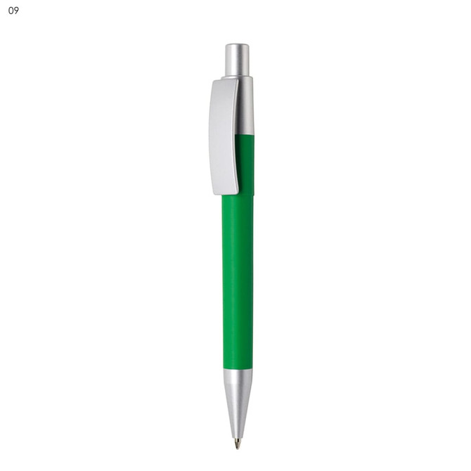 A green plastic pen with a silver clip and tip, featuring a branded logo.