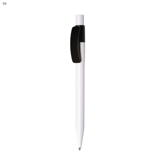 A white plastic pen with a black clip and tip, featuring a logo on the side.