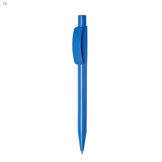 A blue plastic pen with a clip and a pointed tip. It features a logo on its body.