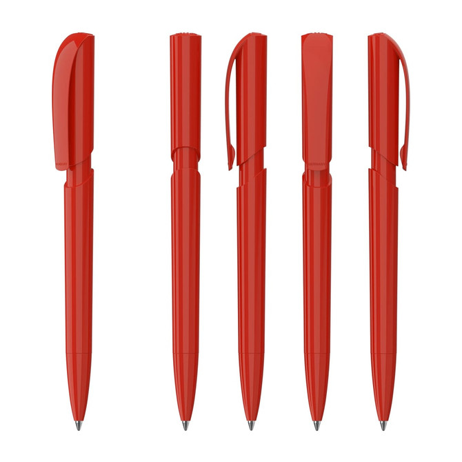 A set of five red plastic pens with sleek designs and clip attachments. Each pen features a glossy finish.