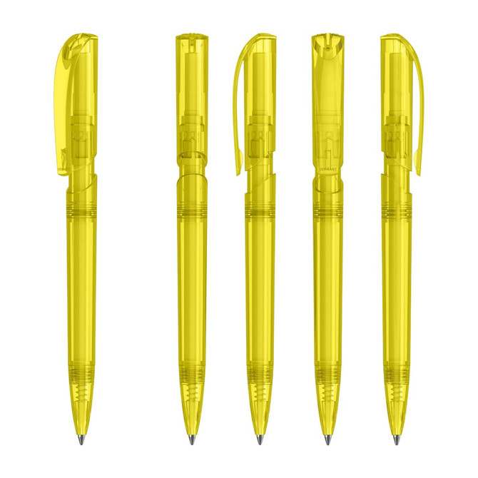 A collection of five transparent yellow plastic pens, each with a click mechanism and a clip for attachment.