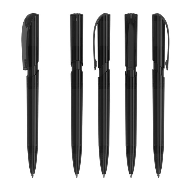 A set of transparent black plastic pens featuring various designs and a clip. Branding visible on some pens.