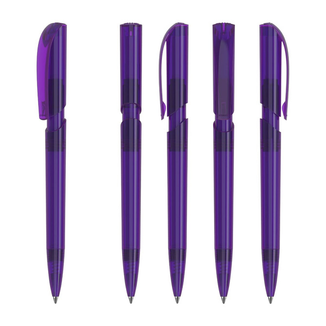 A set of five purple plastic pens featuring a transparent design and a clip. Each pen showcases a different composition.