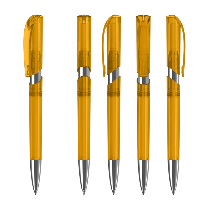 A collection of transparent orange plastic pens with silver accents, featuring different views and a cap design.
