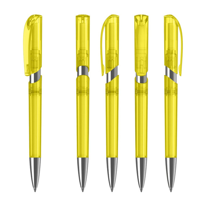 A set of bright yellow plastic pens with transparent bodies and silver accents, featuring retractable mechanisms.
