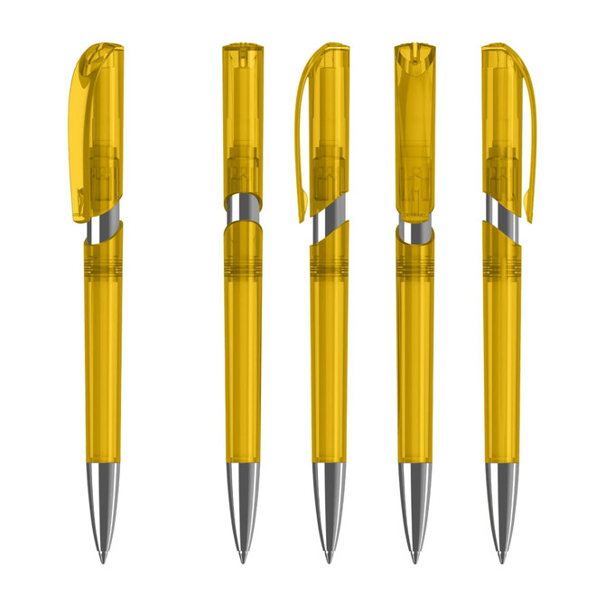 A collection of transparent yellow plastic pens with silver accents and clip tops. Each pen displays a slightly different position.
