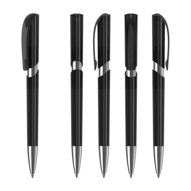 A set of five black plastic pens with silver accents and a clip, featuring a sleek, transparent design.