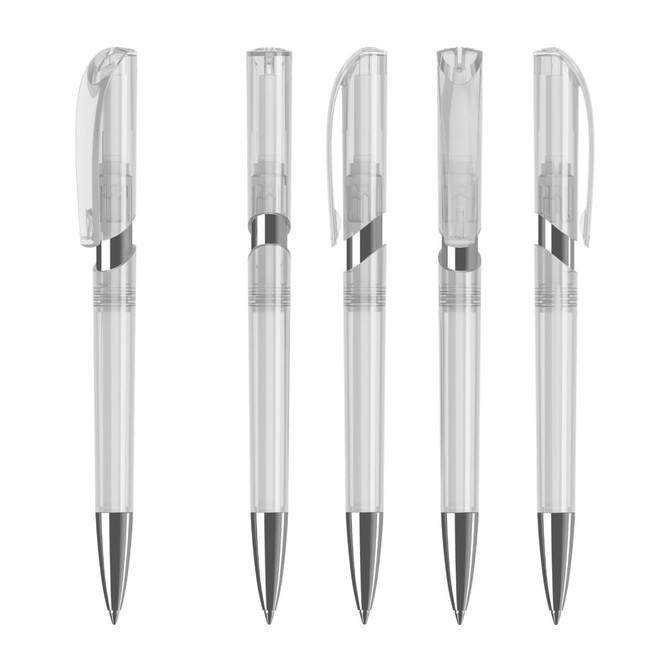 A clear plastic pen with silver accents, featuring a transparent barrel and a retractable mechanism.