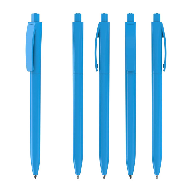 A collection of five blue plastic pens in various positions, featuring clips and a sleek design.