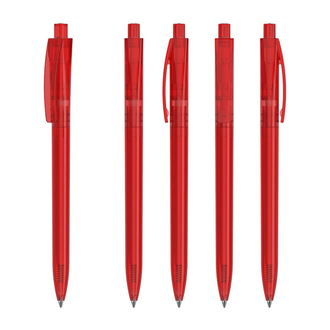 Five transparent red plastic pens are arranged in a row, each featuring a clip and a logo.