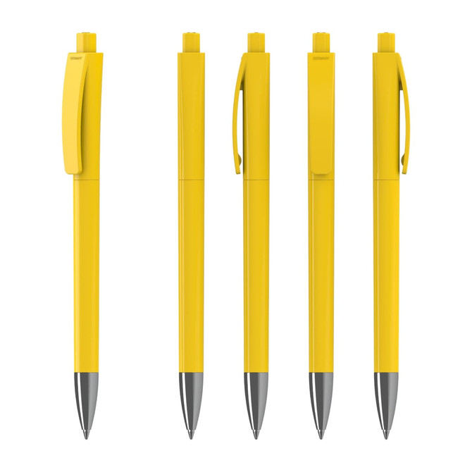 A collection of bright yellow plastic pens with silver accents and clips, featuring a sleek, glossy finish.