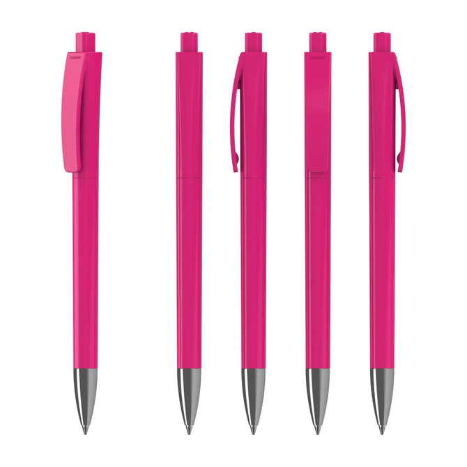 A set of five bright pink plastic pens featuring silver accents and clips. Each pen has a sleek design and branding.
