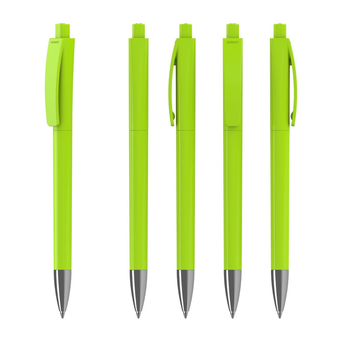 Five bright green plastic pens with a glossy finish and silver accents, featuring clips for easy attachment.
