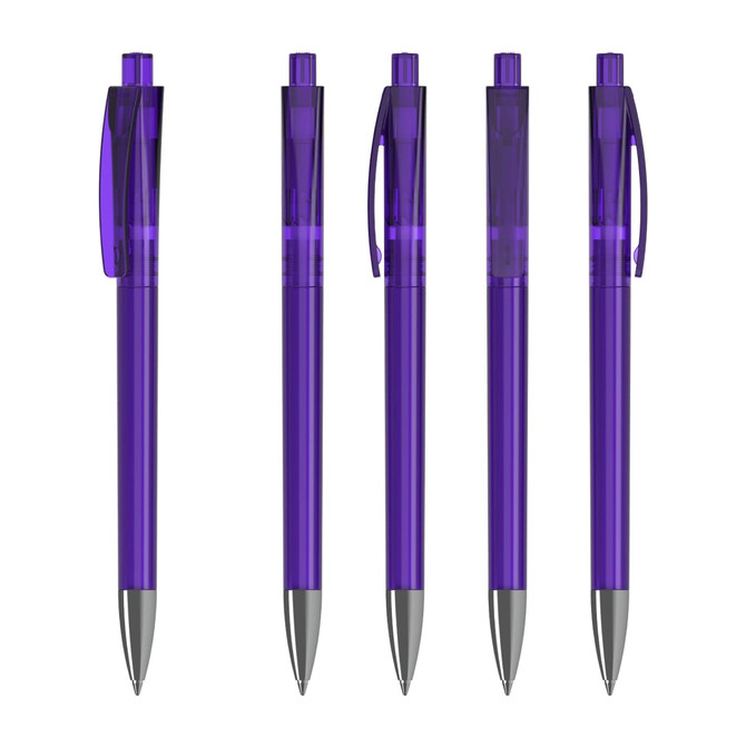 A set of five purple transparent plastic pens with silver tips and clear clips. Each pen features a branding logo.